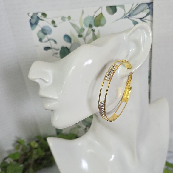Large Gold Hoop Earrings with AB Rhinestones - Picture 9 of 10